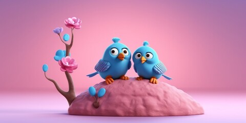 Couple blue bird on tree tunk animal cartoon animation, AI Generated