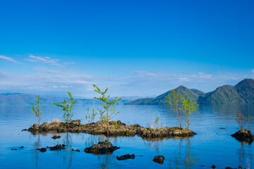 北海道の洞爺湖、浮御堂公園から中島の風景