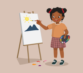 little African girl painting on canvas with color palette and paintbrush 