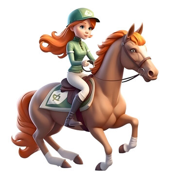 Illustration of a girl riding a horse with a green uniform on a white background