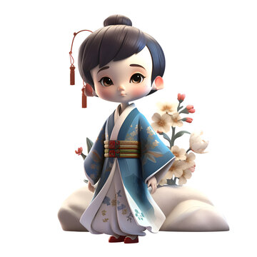 3D Illustration of a Japanese Girl Wearing Traditional Kimono