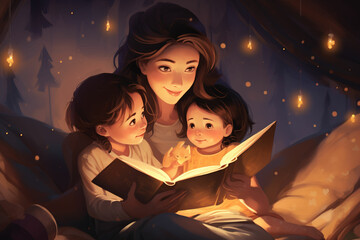 Mother reading book to child at bedtime, creating cozy and comfortable atmosphere, showcasing parenthood