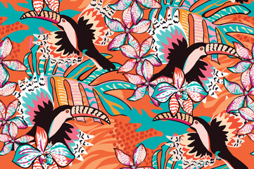 Fun tropical pattern with toucans, flowers and leaves, perfect for fashion fabrics and decoration