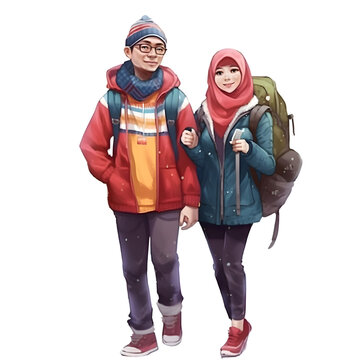 Young couple with backpacks hiking in the mountains. Vector illustration.