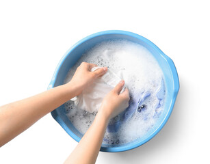 Fototapeta premium Woman washing clothes in plastic basin isolated on white background