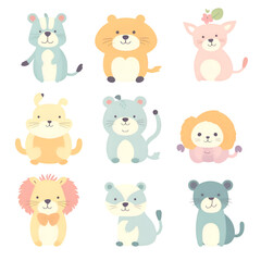 Cute cartoon animals set. Cute animals collection. Vector illustration
