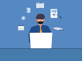 Concepts of consulting services, project management, time management, market research, strategic planning, all elements are around icons of business people.