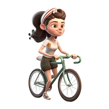 3D digital render of a cute girl riding a bicycle isolated on white background