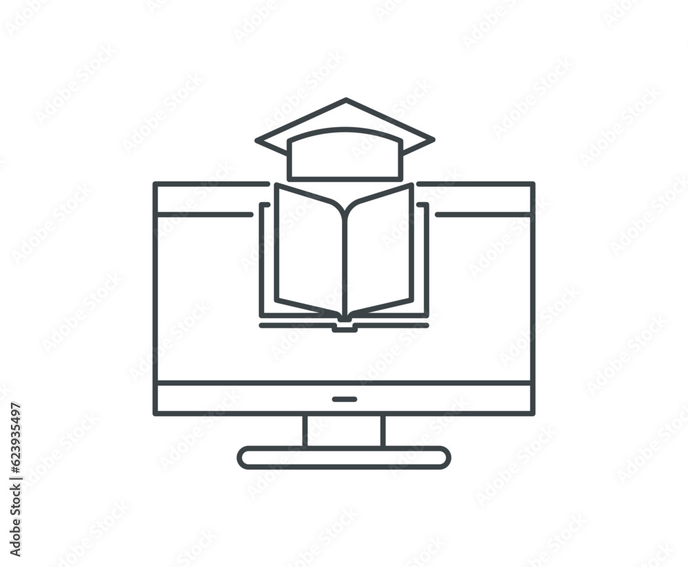 Poster online education thin line icon illustration. vector design with computer screen, book and academic 