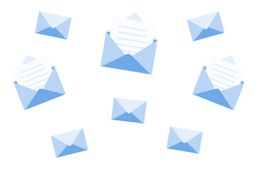 Minimalist vector illustration of email envelopes falling. Receiving mails, marketing and advertising and spam concepts