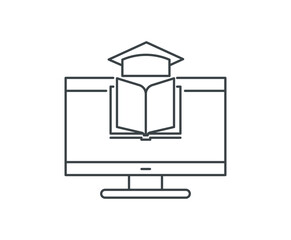 Online education thin line icon illustration. Vector design with computer screen, book and academic hat. For online education, workshops, webinars, tutorials, e-learning