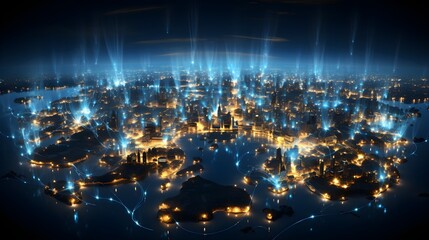 Connected World: Vector Illustration of Planet Earth, Flickering City Lights, and Global Communications