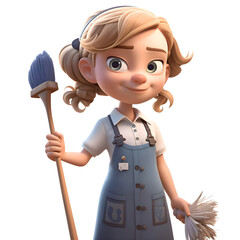 3D Render of a cute cartoon maid with mop and broom