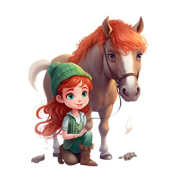 Cute little girl with red hair and a horse on a white background