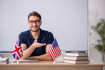 Male English language teacher in front of white board