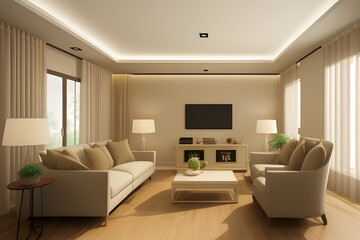 Fototapeta na wymiar Modern villa living room design interior, beige furniture, bright walls, hardwood flooring, sofa, armchair with lamp. Concept of relax. 3d rendering.