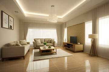 Modern villa living room design interior, beige furniture, bright walls, hardwood flooring, sofa, armchair with lamp. Concept of relax. Modern living room. 3d rendering.