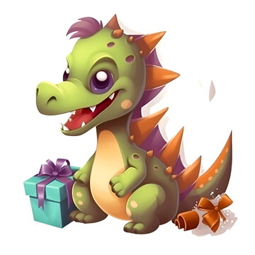Cute cartoon dinosaur with gift box. Vector illustration isolated on white background.