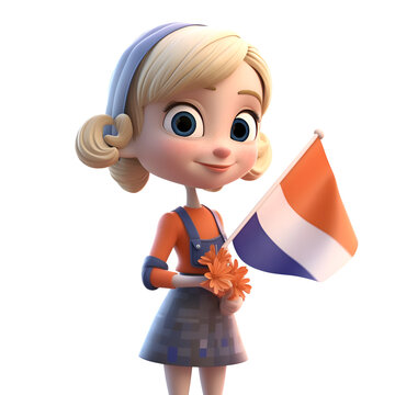 3D illustration of a cute cartoon girl holding a French flag.