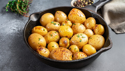 Roasted baby potatoes in iron skillet. Dark grey background. Close up.