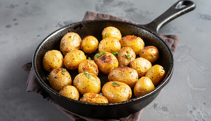 Roasted baby potatoes in iron skillet. Dark grey background. Close up.