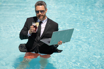 happy freelancer working business online hold cocktail, copy space