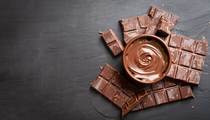 Melted chocolate and bar chocolate. Slate background. Copy space Top view