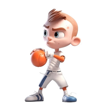 3D Render of a Little Boy playing basketball with a white background