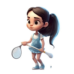 3D rendering of a little girl playing tennis isolated on white background