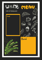 Food menu templates and space to customize for promotion or restaurant use. Media and Advertisingฺ.Black and white illustrations and hand drawn techniques.Doodle style.