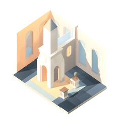 isometric illustration of a church in isometric style on a white background