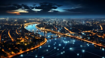 Fototapeta premium Nighttime Panorama: Wireless Network and Connection Technology Concept Background
