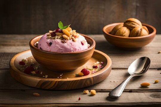 vanilla  cold ice cream topped with multiple  fine chopped dry fruits   and berries  with soft background generated by AI