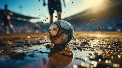 soccer player kicking the ball on the soccer field He wore unbranded sportswear, stadiums, and crowds