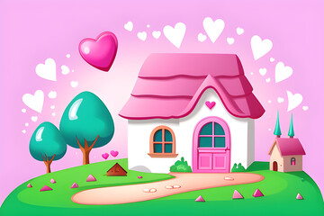 little house with a pink roof and hearts