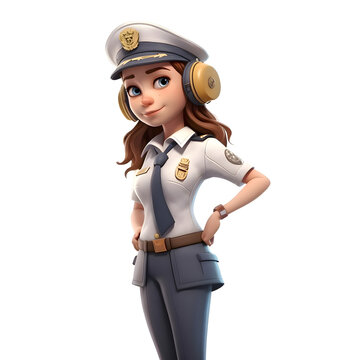 3D Render of Young Police woman with cap and earbuds