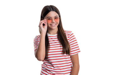 Obraz na płótnie Canvas smiling summer tween girl wear striped shirt isolated on white. summer tween girl