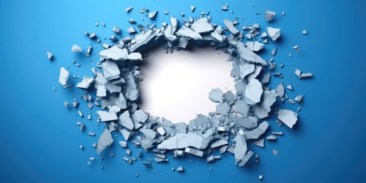 Breaking out of a hole in solid blue wall, torn hole, empty copy space frame, mockup. Generative AI image weber.