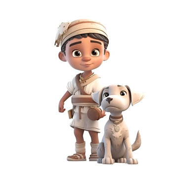 3D digital render of a little boy with his dog isolated on white background