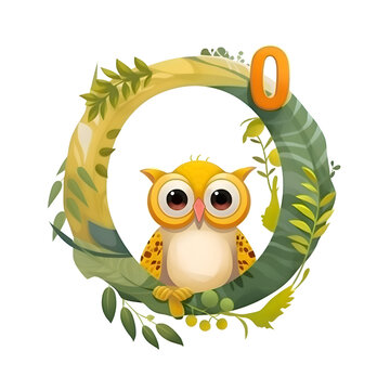 Owl in letter O with leaves and branches. Vector illustration isolated on white background