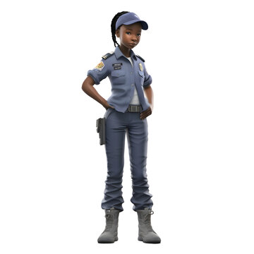 African American female police officer standing on white background. 3D illustration