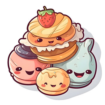 Cute cartoon pancakes with strawberry and macaroon. Vector illustration.