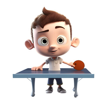 3D Render of a little boy playing table tennis with a ball