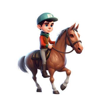 3d rendering of a little boy riding a horse isolated on white background