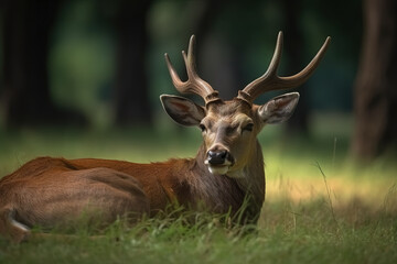 Image of sambar deer resting on green pasture grass on summer. Wildlife Animals. Illustration. Generative AI.