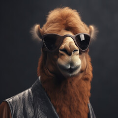 Image of a camel wore sunglasses and wore a leather jacket on clean background. Wildlife Animals. Illustration, Generative AI.