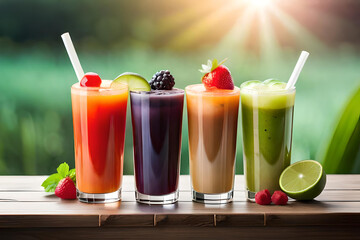 Fototapeta premium Variety of fruit cocktails, popular bubble tea, chocolate fruit flavor. Trendy Asian summer drinks