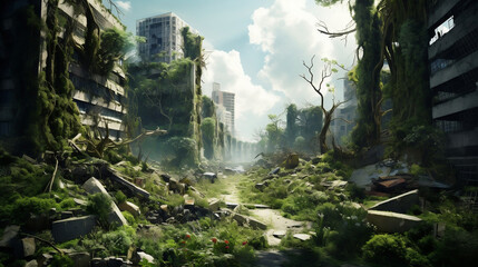 Obraz premium Urban landscape with plants and mosses growing in the absence of humans [AI Generate] 
