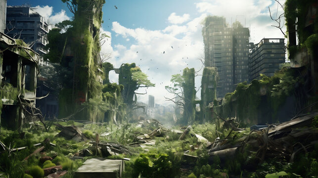 Urban landscape with plants and mosses growing in the absence of humans [AI Generate]
