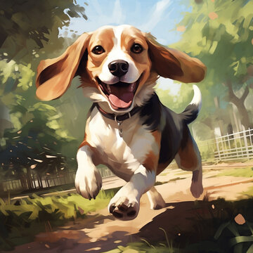 beagle puppy running happy in the grass